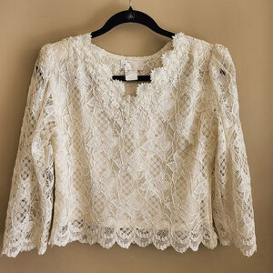 Vintage By-Ten Ivory Lace Cropped Blouse with Pearl Embellishments